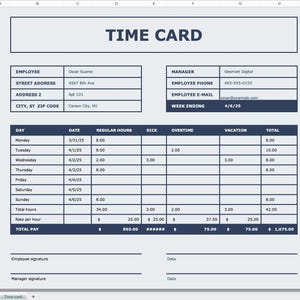 Może przedstawiać: Niebieska i biała karta czasu z tytułem "TIME CARD" pogrubionymi, czarnymi literami. Karta zawiera sekcje z informacjami o pracowniku, informacjami o menedżerze i tabelą do śledzenia przepracowanych godzin, zwolnień lekarskich, nadgodzin, urlopu i łącznej liczby godzin. Tabela zawiera daty, dni tygodnia i przepracowane godziny. Całkowite wynagrodzenie wynosi 1 075,00 $.