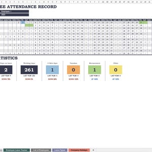 Editable Employee Attendance Spreadsheet  Template | Excel Attendance Record | Track Work Hours, Absences and Tardiness Easily