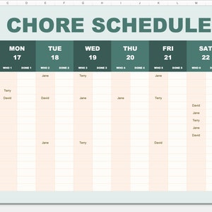 Puede incluir: Un horario digital de tareas domésticas para la semana del 17/08/24, con tareas como sacar la basura y limpiar el baño. El horario está organizado en formato de cuadrícula con columnas para cada día y filas para cada tarea.