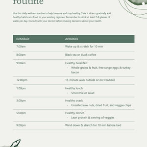 May include: A daily wellness routine schedule with a green background. The schedule includes activities like waking up, stretching, eating a healthy breakfast, walking, having lunch, a healthy snack, dinner, and winding down before bed.
