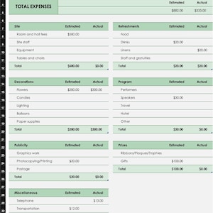 May include: A digital spreadsheet titled "Event budget" with expense categories like site, decorations, and prizes. Estimated and actual costs are listed in US dollars. The total expenses are $882.00 estimated and $333.00 actual.