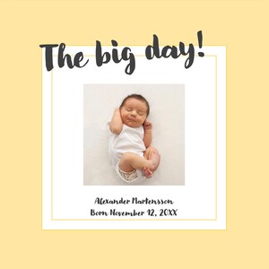 May include: A yellow background with the text "The big day!" in black. A white frame surrounds a photo of a baby sleeping on a white blanket. The text "Alexander Martenson Born November 12, 20XX" is below the photo.