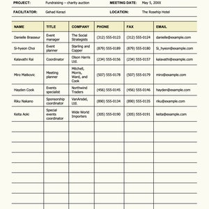May include: A table with a grid of information about event planning meeting attendees. The table includes the name, title, company, phone number, fax number, and email address of each attendee. The table is titled "Event Planning Meeting".
