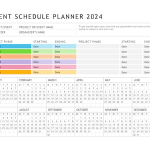 以下が含まれることがあります： 2024年のイベントスケジュールプランナー。年間の各月分のカレンダー付き。プランナーには、プロジェクト名またはイベント名、主催者、プロジェクトフェーズ、開始日、終了日のセクションが含まれています。