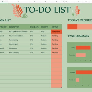 May include: A green and white to-do list spreadsheet with a floral design. The spreadsheet has columns for category, description, due date, priority, and status. The spreadsheet also includes a task summary section with a bar graph showing progress.