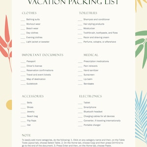 Customizable Vacation Packing List Template (Digital Download)