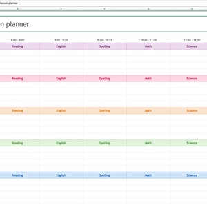 May include: A weekly lesson planner spreadsheet with a green header and a column for each day of the week: Monday, Tuesday, Wednesday, Thursday, Friday. Each day has a column for the following subjects: Reading, English, Spelling, Math, Science, and Notes. The spreadsheet is color-coded with different colors for each subject.