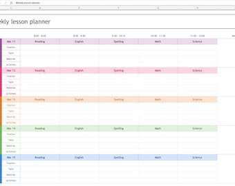 May include: A weekly lesson planner spreadsheet with a green header and a column for each day of the week: Monday, Tuesday, Wednesday, Thursday, Friday. Each day has a column for the following subjects: Reading, English, Spelling, Math, Science, and Notes. The spreadsheet is color-coded with different colors for each subject.