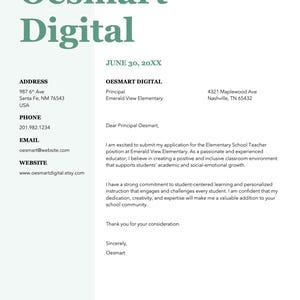 Plantilla de carta de presentación para docentes / Carta de presentación elegante / Carta de presentación personalizable / Carta de presentación para docentes moderna / Plantilla de membrete