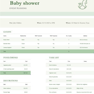Puede incluir: Una lista de verificación para planificar un baby shower. La lista de verificación incluye secciones para invitados, comida y bebidas, decoraciones y una lista de tareas. La lista de tareas incluye tareas como enviar invitaciones, comprar decoraciones, organizar música y preparar comida. La lista de verificación está escrita en un formato simple y fácil de seguir.