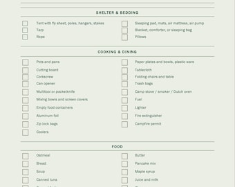 Modello di checklist per il campeggio: lista di cose da mettere in valigia per un viaggio all'aperto (download digitale)