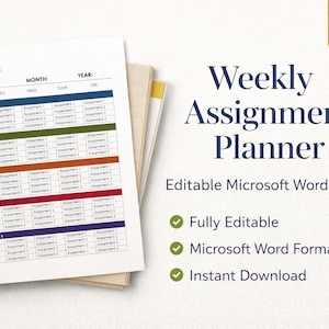 May include: A weekly assignment planner template with a grid layout, featuring sections for class subjects and assignments. The text "Weekly Assignment Planner" is displayed in navy blue. The image also includes the text "Fully Editable" and "Microsoft Word Format".