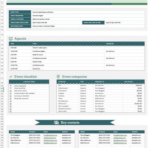 May include: A green and white checklist for planning an event. The checklist includes items such as venue availability, early access policy, and communication with speakers. The checklist also includes a section for event categories, which includes items such as site, refreshments, decorations, and programme. The checklist also includes a section for key contacts, which includes names, phone numbers, emails, and websites.