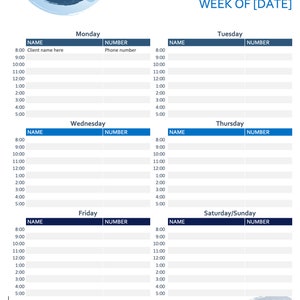 May include: A weekly planner template with a blue and white color scheme. The planner is divided into seven days of the week: Monday, Tuesday, Wednesday, Thursday, Friday, Saturday, and Sunday. Each day has a column for "Name" and "Number".