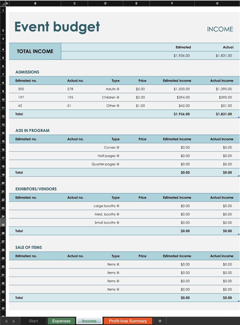 Event Budget Spreadsheet Excel | Editable Template for Business or ...