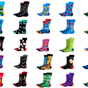 May include: A collection of 24 colorful socks with various designs, including animals, food, and geometric patterns. The socks are all blue, green, red, yellow, or black.