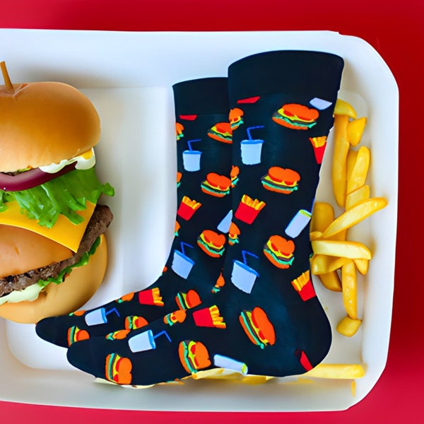 FAST FOOD Burgers Fries Fun Dress Socks Novelty Crew Socks Crazy Funky Socks Men's Socks Unisex Socks Fun Gift For Him