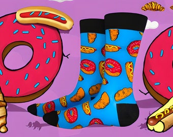 JUNK FOOD donuts hotdogs Fun Dress Socks Novelty Crew Socks Crazy Funky Socks Men's Socks Unisex Socks Fun Valentines Day Gift