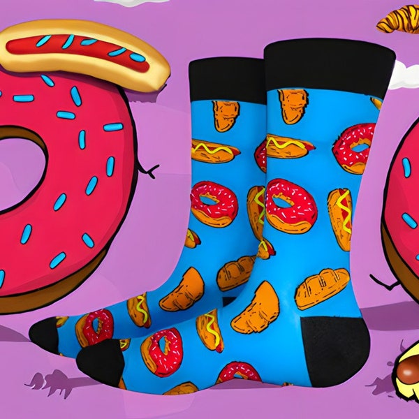 JUNK FOOD donuts hotdogs Fun Dress Socks Novelty Crew Socks Crazy Funky Socks Men's Socks Unisex Socks Fun Gift For Him