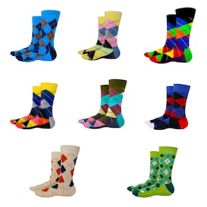 May include: Set of ten colorful patterned socks with argyle designs in various colors, including blue, green, yellow, red, and black.