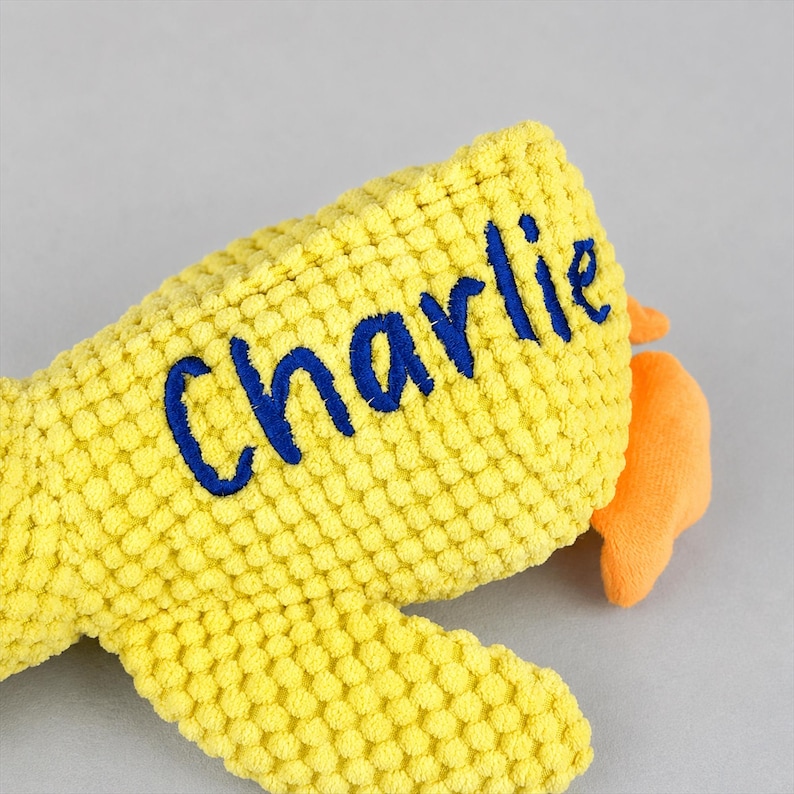 May include: A yellow plush toy with the name "Charlie" embroidered in blue. The toy has a textured surface and an orange accent. The background is a solid gray.