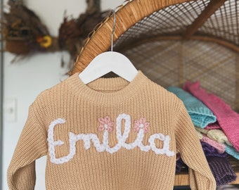 Custom name HAND EMBROIDERED cotton all weather knit jumper in BEIGE