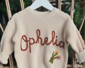 Custom name HAND EMBROIDERED cotton all weather knit jumper in CREAM