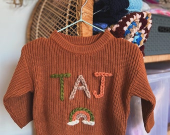 Custom name HAND EMBROIDERED cotton all weather knit jumper in RUST