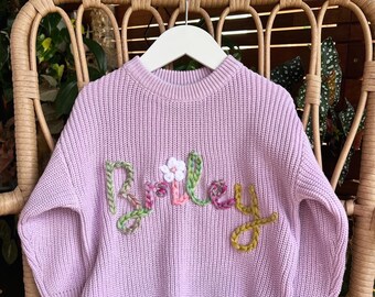 Custom name HAND EMBROIDERED cotton all weather knit jumper in LILAC