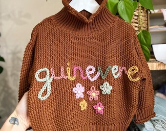 Custom name HAND EMBROIDERED cotton all weather knit jumper with rolled neckline