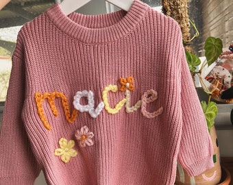 Custom name HAND EMBROIDERED cotton all weather knit jumper in PINK