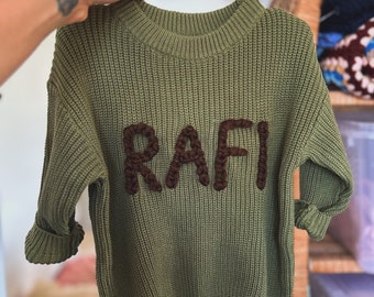 Custom name HAND EMBROIDERED cotton all weather knit jumper in GREEN