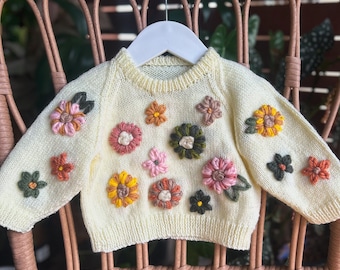 Ready made 3-6mth floral HAND EMBROIDERED and unique hand knitted jumper