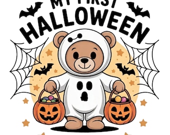 My First Halloween PNG, Teddy Bear Ghost Sublimation Design, 1st Halloween Baby T-shirt, Instant Digital Download
