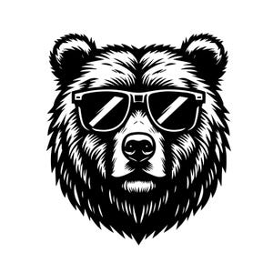 May include: A black and white illustration of a bear's face wearing sunglasses. The bear has a detailed fur pattern and a serious expression. The sunglasses are rectangular and have dark lenses.