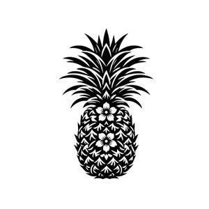 Może przedstawiać: Czarno-biała ilustracja ananasa z detalicznym wzorem kwiatowym. Ananas ma kolczasty wierzchołek i fakturowane ciało.