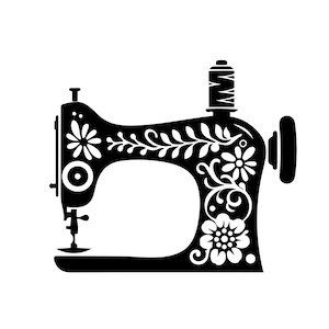 May include: Black silhouette of a sewing machine with floral designs. The machine has a spool of thread on top and a foot pedal.