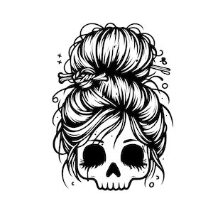 Archivos SVG y PNG de calavera de niña con moño desordenado, silueta de cara de cabello con moño de mamá, diseño de camiseta SVG de esqueleto, descarga digital