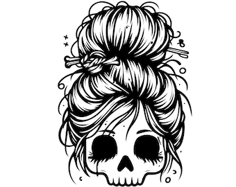 Messy Bun Girl Skull Svg & PNG Files, Mom Bun Hair face Clipart Silhouette Vector Image, Skeleton SVG T shirt Design, Digital Download