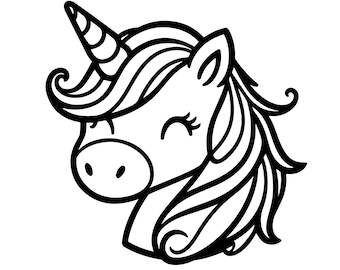 May include: Black and white line drawing of a unicorn's head with a closed eye and a curled horn. The unicorn has a long flowing mane.