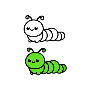 Puede incluir: Un dibujo en blanco y negro de una oruga de dibujos animados con una versión verde debajo. Ambas orugas tienen ojos grandes y una sonrisa.