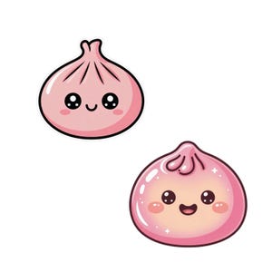 May include: Two cartoon pink dumplings with smiling faces and black eyes. The dumplings have a glossy appearance and are outlined in black. One dumpling is at the top, and the other is at the bottom right.
