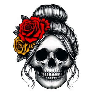 Messy Bun Girl Skull Svg & PNG Files, Mom Bun Hair face Clipart Silueta Imagen vectorial, Esqueleto SVG Diseño de camiseta, Descarga digital