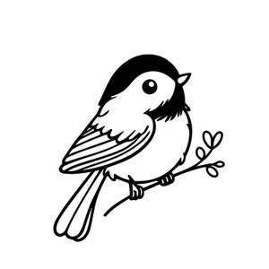 May include: Black and white line drawing of a cartoon bird perched on a branch. The bird has a round body, a small beak, and a large, round eye.