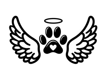 May include: A black and white graphic featuring a paw print with a heart in the center, a halo above, and angel wings on either side. The design is a symbol of remembrance for a beloved pet.