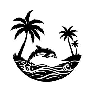 Delphin Palme Sonnenuntergang - sofortiger digitaler Download - svg-, png- und eps-Dateien enthalten! Urlaub, Sommer, Tropisch, Ozean