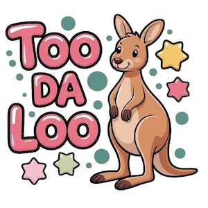 Può includere: Illustrazione di un cartone animato con un canguro marrone sorridente e la scritta "Too Da Loo" in lettere rosa a bolle. Il design include stelle e cerchi turchesi su sfondo bianco.