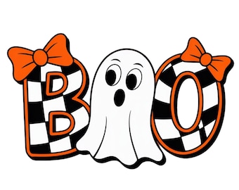 Boo PNG, Digital Download, Sublimation, Sublimate, Halloween cute bow coquette checkered spooky kids autumn fall pumpkin ghost shirt design