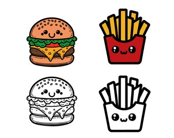 Burger und Pommes Kawaii geschichtet, süße Burger und Pommes, PNG, EPS, Cricut