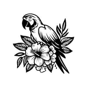May include: Black and white illustration of a parrot perched on a hibiscus flower. The parrot is facing left and has a detailed design. The hibiscus flower is in full bloom and has five petals.